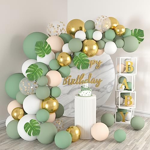 Warehouse 138 pièces ballons vert or et blanc ballons ensemble ballon vert olive comme anniversaire mariage mariage, décoration de fête de bébé, décoration de baptême. (vert or blanc)