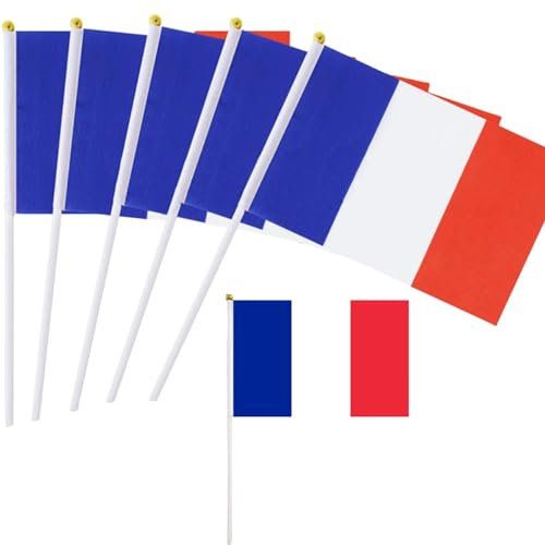 Lot de 100 Petit Drapeau France avec Baton Mini Drapeau Français Tricolore Tenus à Manivelle Fanions Bleu Blanc Rouge Pour Fête Bar Célébration Matchs de Football Evénement Sportif Jardin Décoration