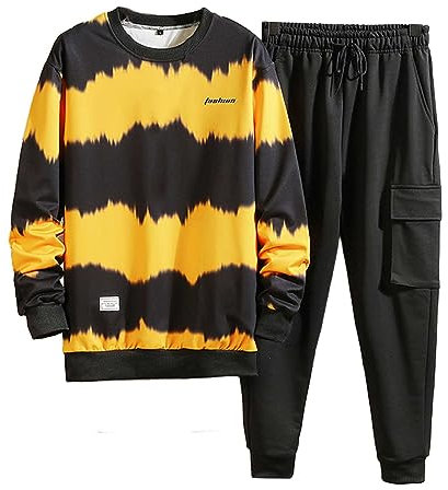 QWUVEDS Männlicher Herbst- und Wintertrend-Sportanzug, Patchwork-Farbe, Lange Ärmel, Rundhalspullover, große Taschen, elastische Kordel, Hosenanzug Jogginghose Anzug Sportanzug Herren (Yellow, L)
