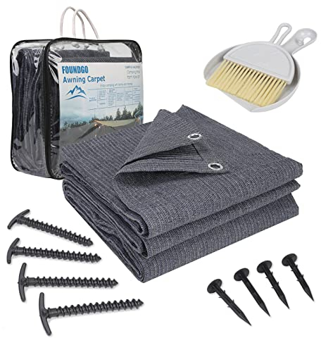 FoundGo Awning Carpet with Eyelets, 250x300cm 280g/m² HDPE Camping Carpet,Outdoor Awning Floor with Carrying Bag,Ground Nails and Small Broom, Blue/Grey