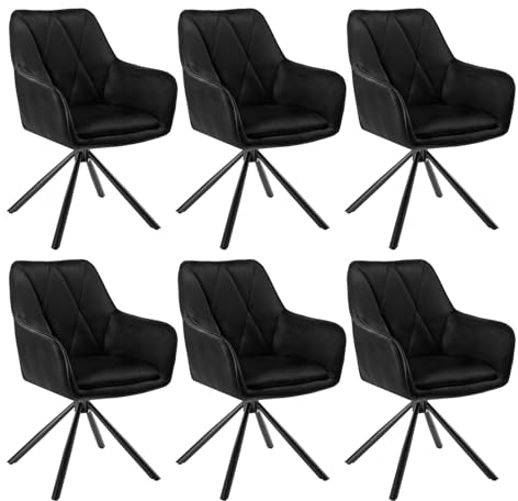 Lestarain Esszimmerstühle drehbar 6er Set, für Schlafzimmer Küche Wohnzimmer, Küchenstühle gepolstert mit Armlehnen Rückenlehne Metallbeinen, Samt, Kunstleder, Schwarz