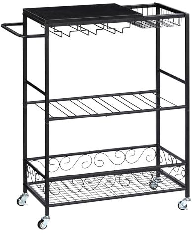 Shinoske Barwagen für Zuhause, Barwagen mit Rollen und Griff, 3-stöckig, Servierwagen mit Weinregal und Glashalter, rollender Weinwagen für Küche, Esszimmer, Wohnzimmer, Schwarz