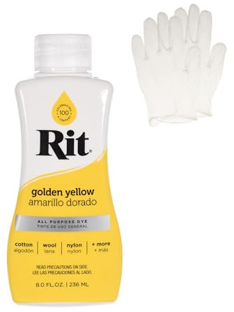 Rit Dye - Tinte líquido para tela, para manualidades, ropa y decoración, botella de 8 onzas, amarillo dorado (guantes incluidos)