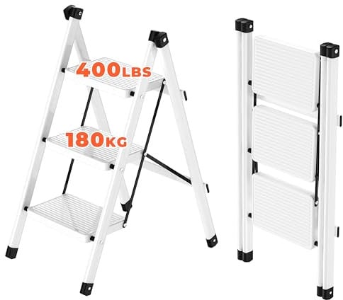 JOISCOPE 3 Step Ladder, Metal Folding Ladder, 180KG Load Capacity Folding Step with Anti-Slip Pedals, Small Step Ladder Lightweight & Sturdy Multifunctional Folding Stool for Indoor/Outdoor, White