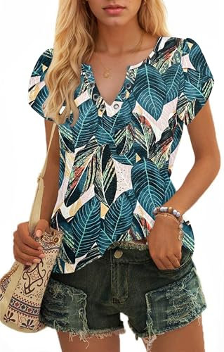 WNEEDU Ladies Tops Petal Short Sleeves T-Shirts V Neck Top for Women UK Casual Blouse Eyelet Embroidery Leaf Print M