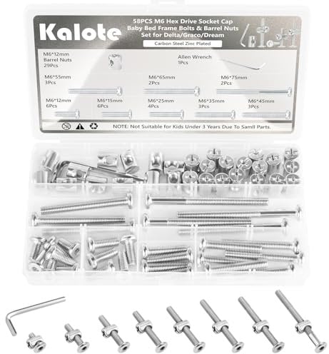 M6 Nuts and Bolts Set, 58 Pcs Hexagon Socket Head Cap, Hex Socket Cap Head Screws, Machine Screw Bolts Baby Bed Frame Bolts & Barrel Nuts Set for Delta/Graco (M6*12/15/25/35/45/55/65/75mm)