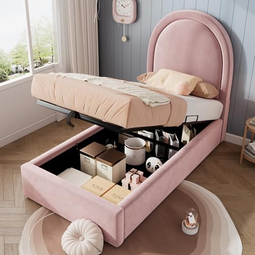 BTM Lit Capitonné 90x200 avec Rangement sous Coffre, Sommier à Lattes, Tête Arquée, pour Enfants, Velours, Rose (sans Matelas)