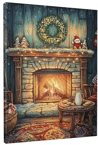 Cozy Christmas Fireplace Wall Art, Festive Winter Decor with Warm Colors, Holiday Themed Aesthetic for Living Room, Bedroom, Unframed 16x20 Inch