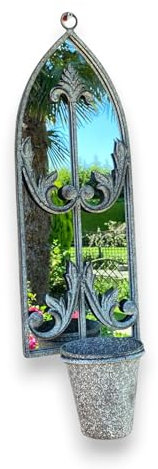 Elegant Rustic Arched Garden Wall Mirror with Flower Pot Holder - Patina Finish, Glass & Metal Frame, 60cm Height - Perfect Planter for Balcony, Porch & Outdoor Aesthetics (1, Floral Design)