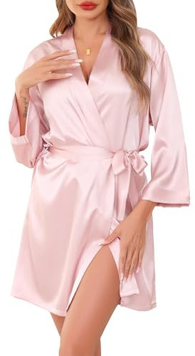 Sopesil Peignoir Satin Femme Robes de Chambre Courtes pour Femmes Robes de Mariée Vêtements de Nuit Doux pour le Mariage Col en V avec Ceinture,S-XXL