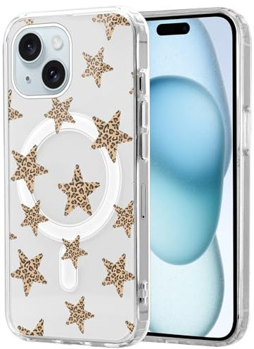 Foonary Magnetica Cover per Apple iPhone 15 6,1, Trasparente Custodia Aesthetic Leopardo Stella Donna Compatibile con MagSafe Ricarica Wireless, Silicone Bumper Protettivo Case per iPhone 15