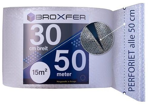 Broxfer Luftpolsterfolie Rolle 30cm x 50m Polsterfolie für Umzug/Versand 2-schichtig Verpackungsfolie LPF perforiert
