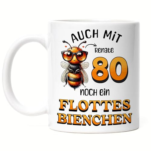 Kiddle-Design Personalisierte Tasse 80. Geburtstag - Flottes Bienchen ist 80-80ter Geburtstag Lustiges Geschenk Frau Frauen - Tasse Weiß