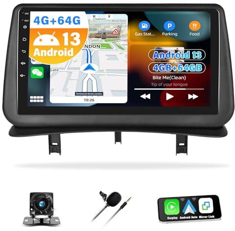 4G+64G CAMECHO Radio de Coche Android 13 Carplay para Renault Clio 3 2005-2014 con Android Auto, Radio táctil de 9 Pulgadas con GPS WiFi Bluetooth FM/RDS Radio SWC Cámara de visión Trasera&Mic