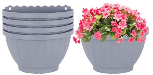 Eason Bros - 30cm 5 Pack Wall Hanging Planters Plastic Etruscan Style Railing Hanging Planters Plants Flowers Pot Wall Basket for Balcony Fence Garden Outdoor Indoor Home Decor Plant Pot - Grey Color