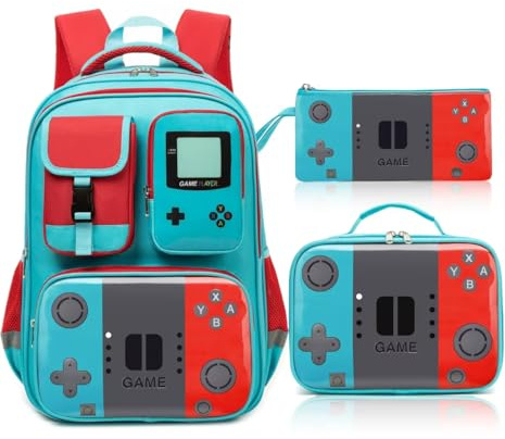 Beaulyn School Backpack for Boys - 3pcs Gamer Boys Backpack for Kids with Lunch Bag & Pencil Case, Large Capacity Bookbag for Elementary Middle School Student Ages 6-14