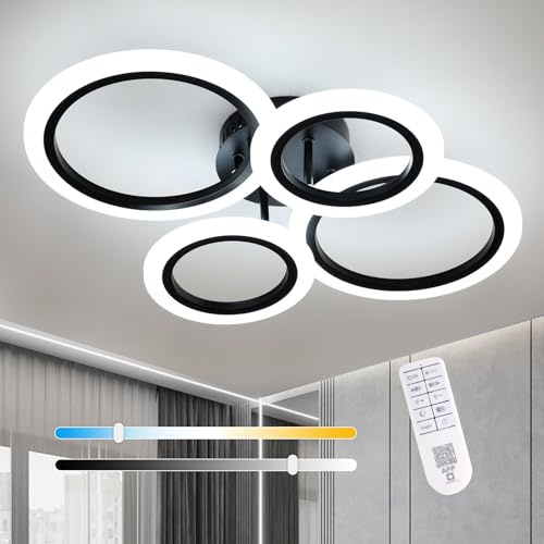 LED Deckenlampe Schwarz, 32W 3600LM Rund Deckenleuchte Dimmbar mit Fernbedienung, 3000K-6500K Helligkeit Einstellbar, 4 Ringen LED Lampen Deckenbeleuchtung für Schlafzimmer Wohnzimmer Küche, 57 cm
