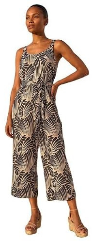 Roman Originals Abstract Strappy Jumpsuit for Women UK - Ladies Everyday Holiday Spring Summer V-Neckline Comfy Soft Evening Vacation Work Party - Black - Size 14