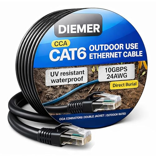 Diemer Outdoor Cat 6 Ethernet Cable 40m – Weatherproof Direct Burial Double Jacket Cable with LLDPE & PVC – 24AWG CCA UTP, 10Gbps High-Speed Gigabit Network Lead – Includes 40 Cable Ties – Black