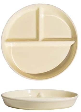 Keramikteller mit Fächern, 8,5 Zoll große, unterteilte Teller zur Portionskontrolle, wiederverwendbare Keramikteller zur Portionskontrolle, tiefes Tellerdesign für Picknicks und Diäten – rund(Beige)