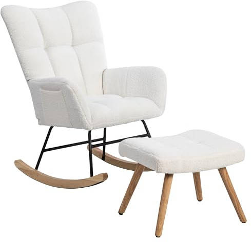 BTM Chauffeuse Adulte 1 Place, Fauteuil à Bascule avec Repose-Pieds Réglable, Rembourrage Épais et Glissières Feutre, pour Salon (Blanc, avec Pouf)
