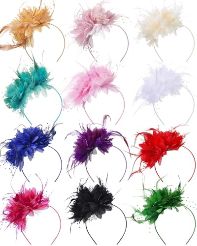 12 Pcs Fascinators Hats Tea Party Derby Headwear for Women,Feather Pearl | 50s Feather Pearl Veil Headband, Wedding Cocktail Dresses Accessories,Vintage Headband or Clip