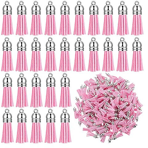 Qusedwey 200 Pcs Keychain Tassels Pendants Keychain Decoration Tassels with Loop for DIY Crafts Making Supplies Pink