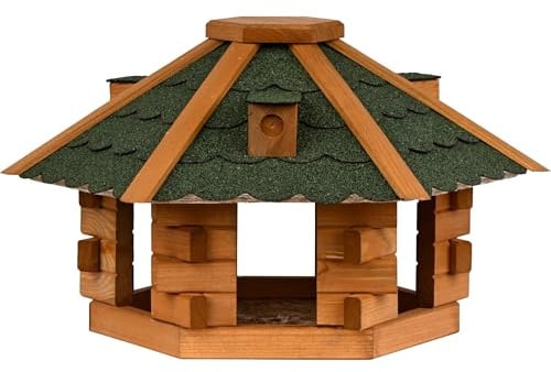 dobar® Vogelhaus Blockhaus 6-eckig mit Bitumendach - Vogelfutterhaus aus Holz wetterfest lasiert - Futterstation für Wildvögel stehend für Ständer - Grün