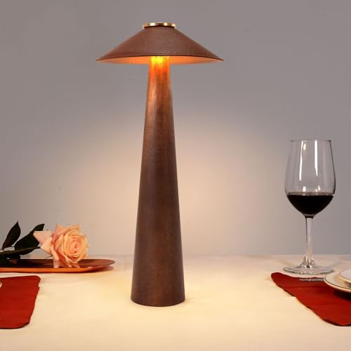Luocute Schnurlose Tischlampe, LED-Lichtquelle, 3 Farbtemperaturen, Verstellbar, Wiederaufladbar, 2000 MAh Akku, Retro-Walnussholz, für Schlafzimmer-Nachttisch-Dekoration