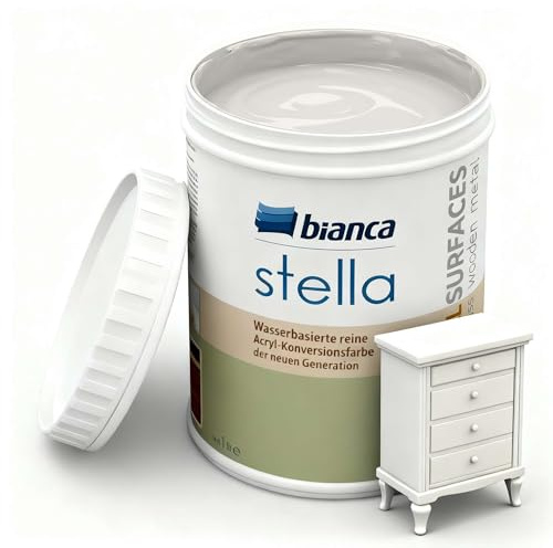 Bianca Stella Möbelfarbe Ohne Schleifen - Wasserbasierter Parfümierter Möbellack für Holz, Küchenschrank, Tisch, Stuhl - Sandweiß, Glänzend, Holzfarbe Innen & Außen, Hochdeckend, Kratzfest, 1L