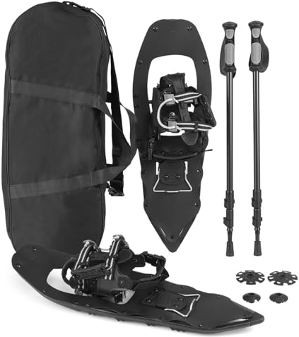COSTWAY Juego de Raquetas de Nieve Aluminio con Bastones de Senderismo, para Todo Terreno, Fijación Ajustable con Acolchado EVA y Sistema de Una Sola Tracción, Bolsa de Transporte (Negro,63 x 21 cm)