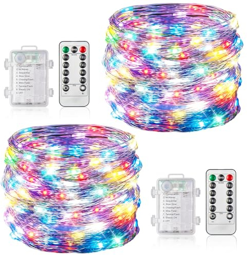 GEARLITE 2x10M 100 LED Mini Farbig Lichterkette Außen Batterie mit Timer | 8 Modi, IP44 Wasserdicht, Kupferdraht Lichterkette, Lichterketten für Innen, Weihnachten, Halloween, Garten, Balkon, Party