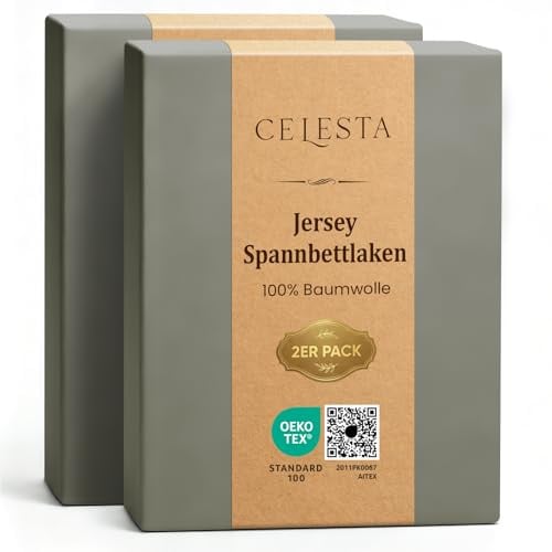 CELESTA Spannbettlaken 140x200 100% Baumwolle 2er Set, Oeko-TEX zert. | Bettlaken 100 % Baumwoll-Jersey, Spannbetttuch 140x200, 2 Stück, Matratzenhöhe bis 25 cm für Boxspringbett, Dunkelgrau