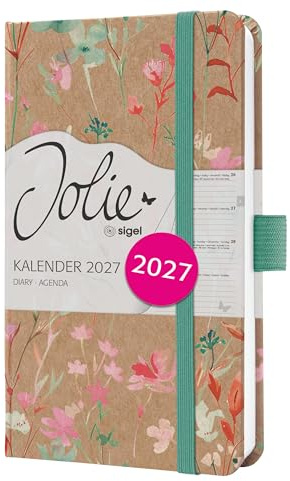 SIGEL Jolie Wochenkalender 2027 A6 grün rosa Hardcover aus Kraftpapier | 7J806, Gummiband, Stiftschlaufe, 174 Seiten, vegan, Buchkalender, Terminplaner Taschenkalender