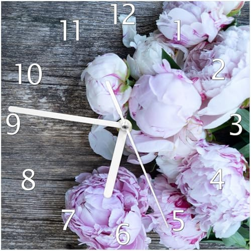 Wallario Design-Wanduhr Pinke Blumen auf Holz aus Glas, Motiv-Uhr Größe 20 x 20 cm, weiße Zeiger