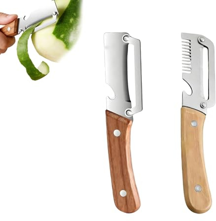 Pelador Multifuncional, Pelador de Verduras Multifuncional, cocina con hoja de acero inoxidable y mango de madera ergonómico, Para cortar verduras, pelar frutas y abrir botellas (Mezcla de 2 piezas)