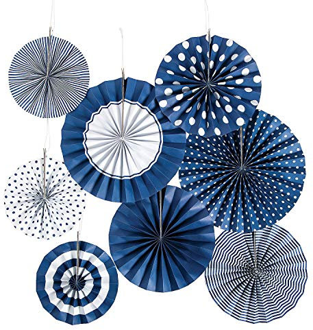 Navy Blue Hanging Paper Fan Assortment - Party Decor - 8 Pieces