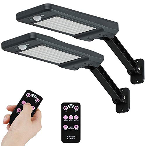 FVTLED Solarlampen fuer Außen,2 Stück Solar Wandleuchte mit 120° Infrarot Bewegungsmelder, 60 LED 900lm Solarleuchte Garten, 3 Modi,IP65 Wasserdichte Solarlicht Solar LED Lampe mit Fernbedienung