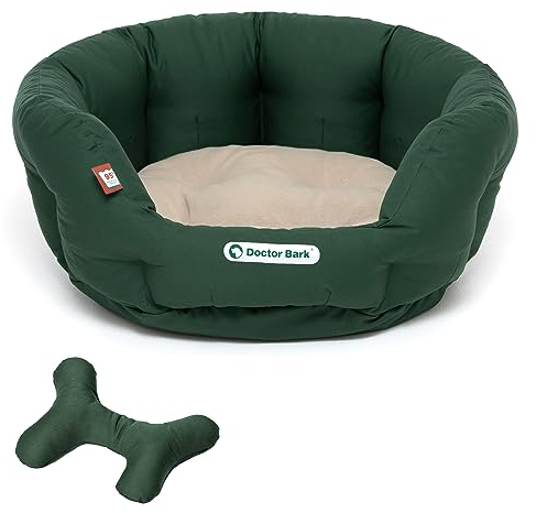 Doctor Bark - Hundebett rund - kuscheliges Hundekörbchen Mittelgroße Hunde mit orthopädischem Wendekissen und Toy-Bone - Waschbar bis 95°C - Made in Germany (M - 50x40 cm, Grün/Beige)