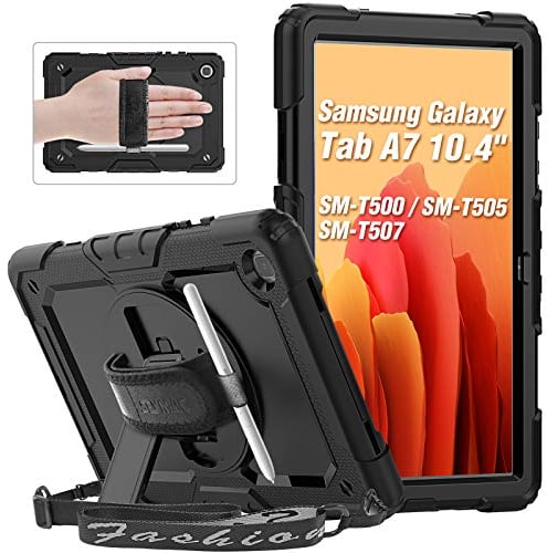 SEYMAC Coque Samsung Galaxy Tab A7 10,4 pouces(SM-T500/SM-T505),Coque de protection intégrale antichoc avec dragonne et support rotatifs à 360 degrés,protecteur d'écran,bandoulière,porte-stylo S, noir