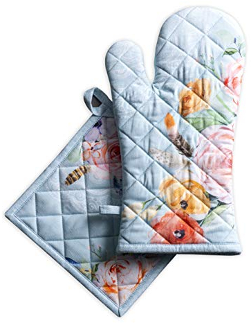 Maison d' Hermine Ibiza – Blue Set of 100% Cotton Kitchen Gloves (19 cm x 33 cm) and Pot Holder (20 cm x 20 cm) for Barbecue, Baking, Grilling, Microwave, Spring/Summer, Mother's Day