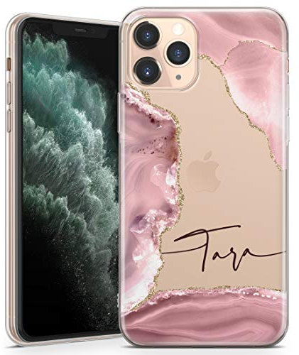 TULLUN Personalisierte Handyhülle für iPhone 7 Plus / 8 Plus - Klare Soft Gel Benutzerdefinierte Swash Pink Gold Marmor Design Buchstabe Initialen Name Stil - Name mit Zeilen