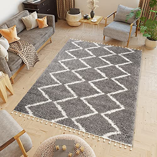 TAPISO Boho Fringes Teppich Hochflor Langflor Shaggy Fransenteppich Dunkelgrau Creme Zig Zag Ethno Modern ÖKOTEX 200 x 300 cm