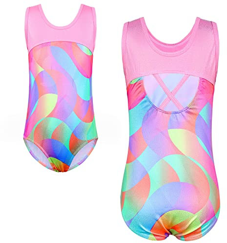 XFGIRLS Gymnastikanzug für Mädchen, Gymnastik, Trikot, ärmellos, glitzernd, tanzend, Mädchen, Ballett, Gymnastik, 3–12 Jahre, Pink Rainbow, 3-4 Jahre