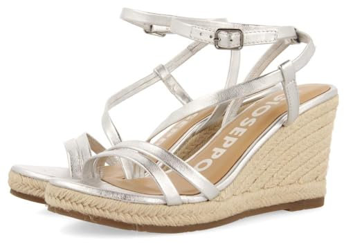 Sandales en Cuir ARGENTÉ avec Brides ET Talon COMPENSÉ en Corde pour Femme ORIKUM