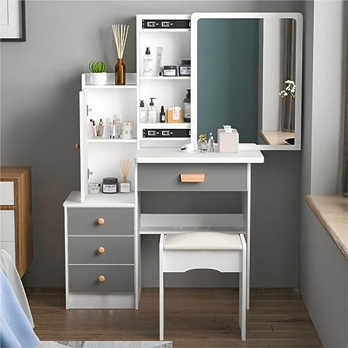 DEZAGCE Schminktisch mit 4 Schubladen und offnen Stauraum, Frisiertisch mit Spiegel für Make-up, Kosmetiktisch mit Hocker, modern, weiß, Grau
