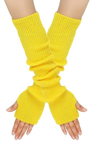 Surakey Winter Gestrickte Handschuhe für Damen, 1 Paar Fingerlose Armstulpen Feinstrick lang Handwärmer Stulpen, Warm Strick Handschuhe Pluswärmer Handstulpen Armwärmer Stulpen für Damen,Gelb
