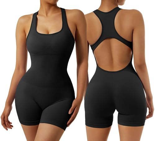 RXRXCOCO Gerippte Jumpsuit Damen Eng Tank Rückenfreie Padded Overall Bauchweg Kurz Yoga Sport Einteiler Romper Schwarz M