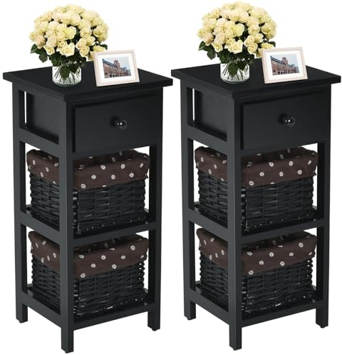 Giantex Lot de 2 Tables de Chevet avec Tiroir et 2 paniers, Commode en Osier Antique, Étagère en Bois Massif, Armoire d'Appoint pour Chambre à Coucher (Noir, Lot de 2)