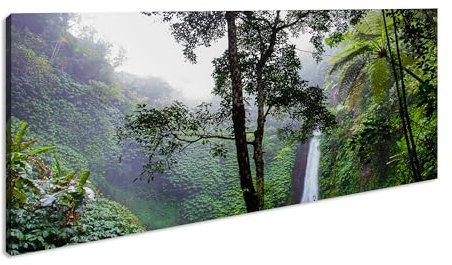 Wasserfall im tropischem Regenwald Panorama 120x60 cm als Leinwandbild, Motiv fertig gerahmt auf Echtholzrahmen, Hochwertiger Digitaldruck mit Rahmen